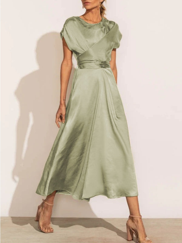 Summer Women's Dress Elegant Stain Silk Green Office Ladies Lace-up Midi Dress