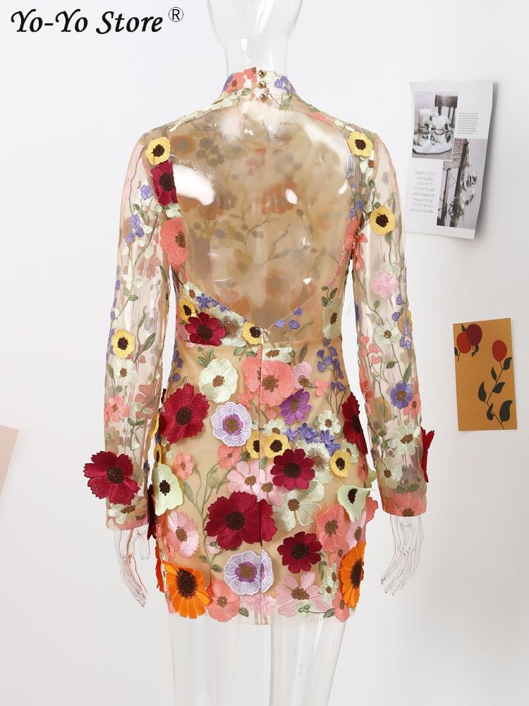 Floral Embroidery Elegant Luxury Women Mini Dress Half High Collar