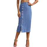 Button A-line Side Split High Waist Denim Skirt Office