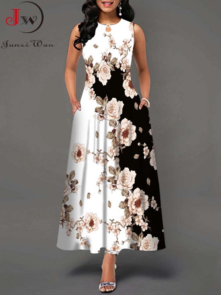 Summer Boho Long Dresses Women Elegant Sleeveless Casual Floral Print Beach Party Maxi Dress