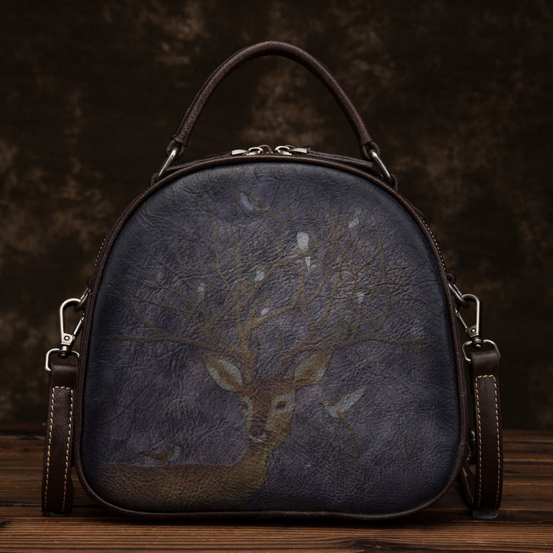 Retro Deer And Bird Hand-painted Leather Shoulder Bag