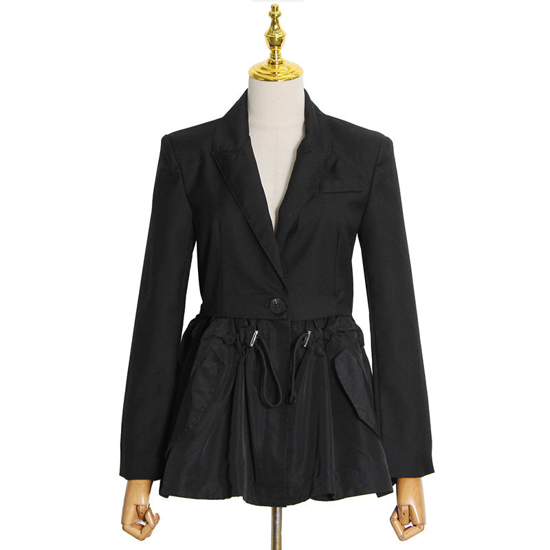 Design Sense Coat One Button Stitching Small Hem Drawstring Short Black Female Suit