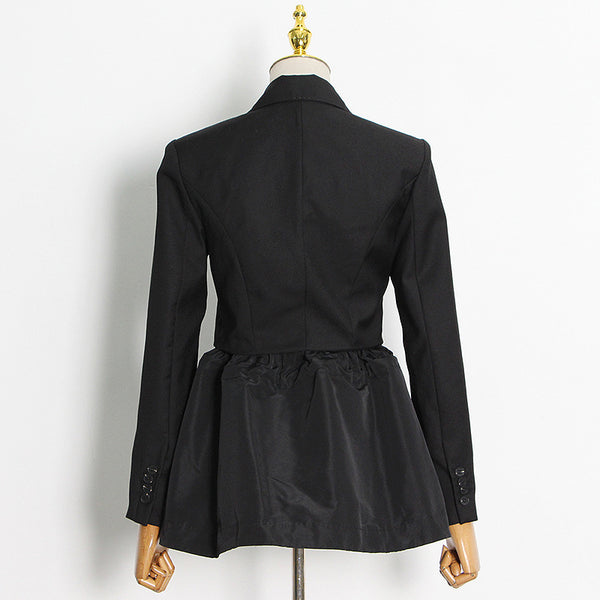 Design Sense Coat One Button Stitching Small Hem Drawstring Short Black Female Suit