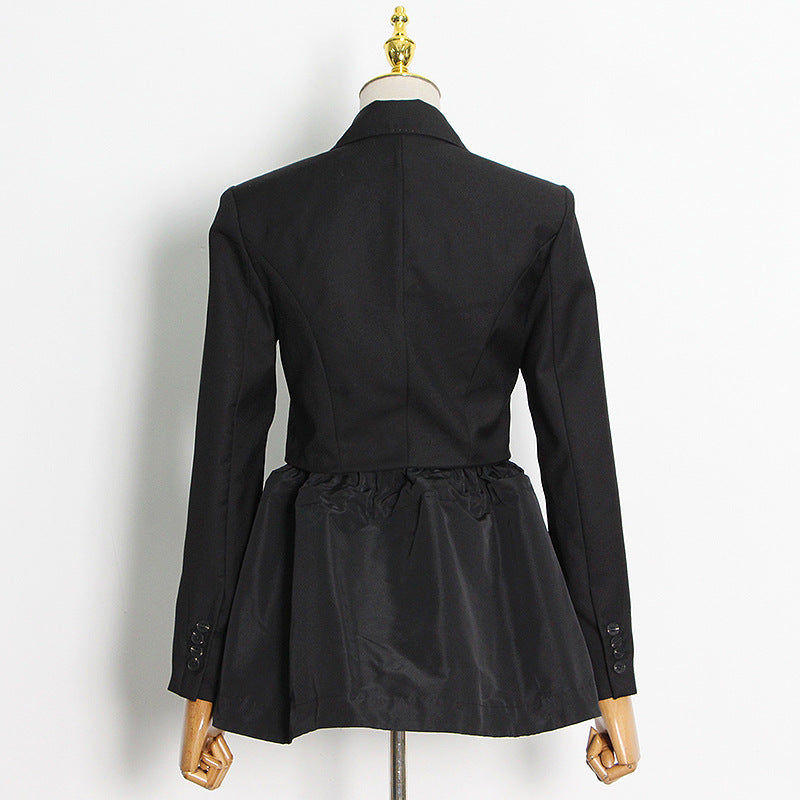 Design Sense Coat One Button Stitching Small Hem Drawstring Short Black Female Suit