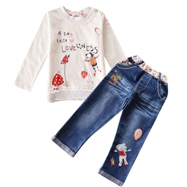 2-piece Kid Girl Long Sleeves Cartoon Denim Jean Set